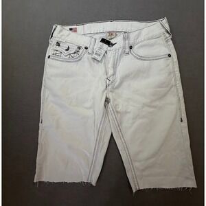 True Religion White Denim Cut Off Shorts Mens Stitch Detail Raw Hem 33x12.